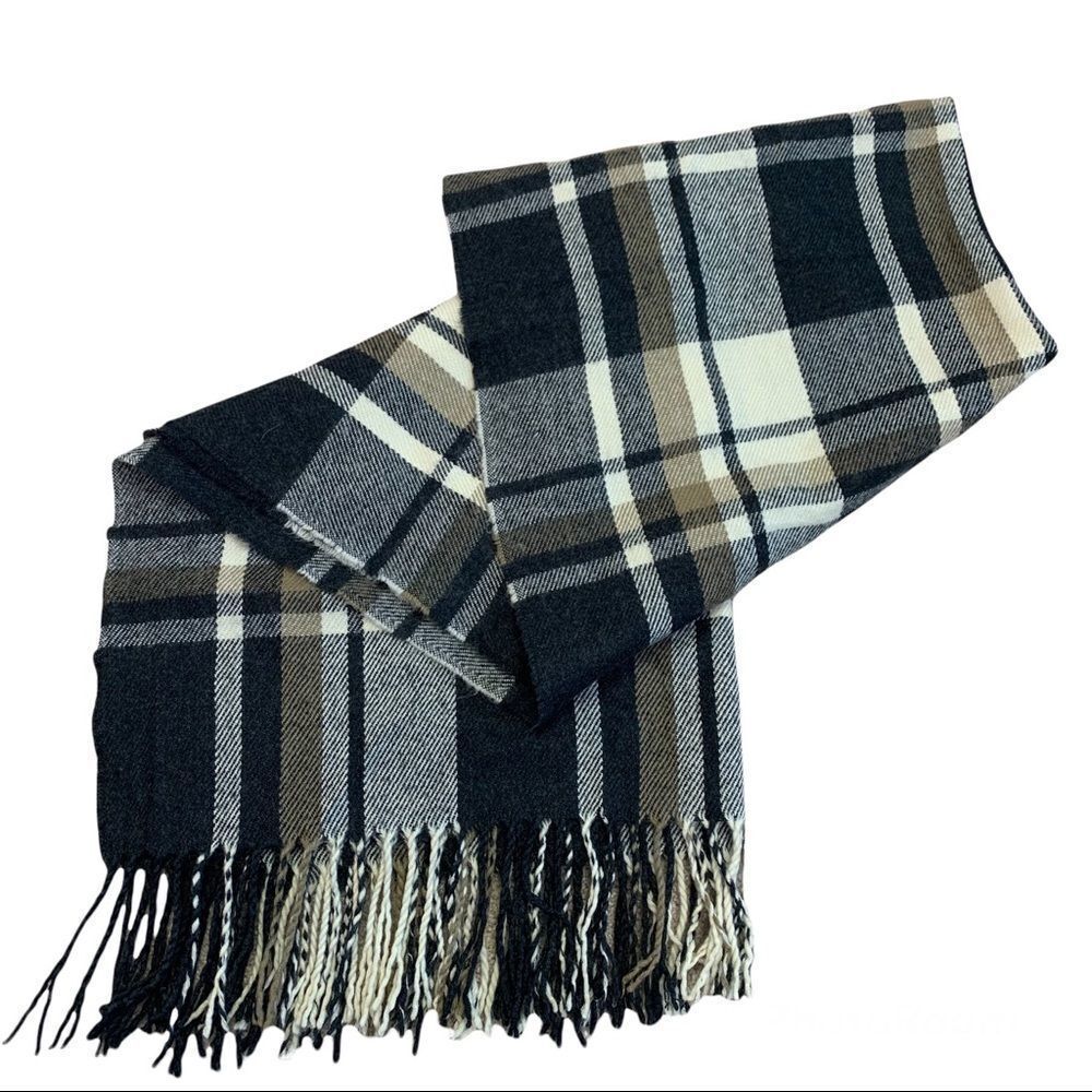 Black gray ivory brown plaid check warm soft fall winter unisex blanket scarf 💥 - Picture 4 of 8